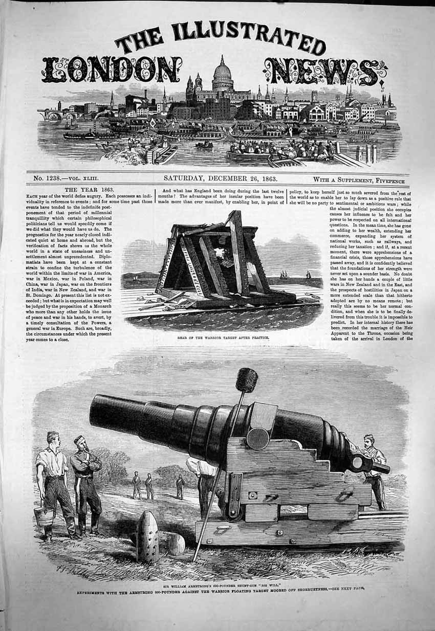 Original Old Antique Print 1863 Armstrong 600-Pounder Gun Shoeburyness Chat 19th