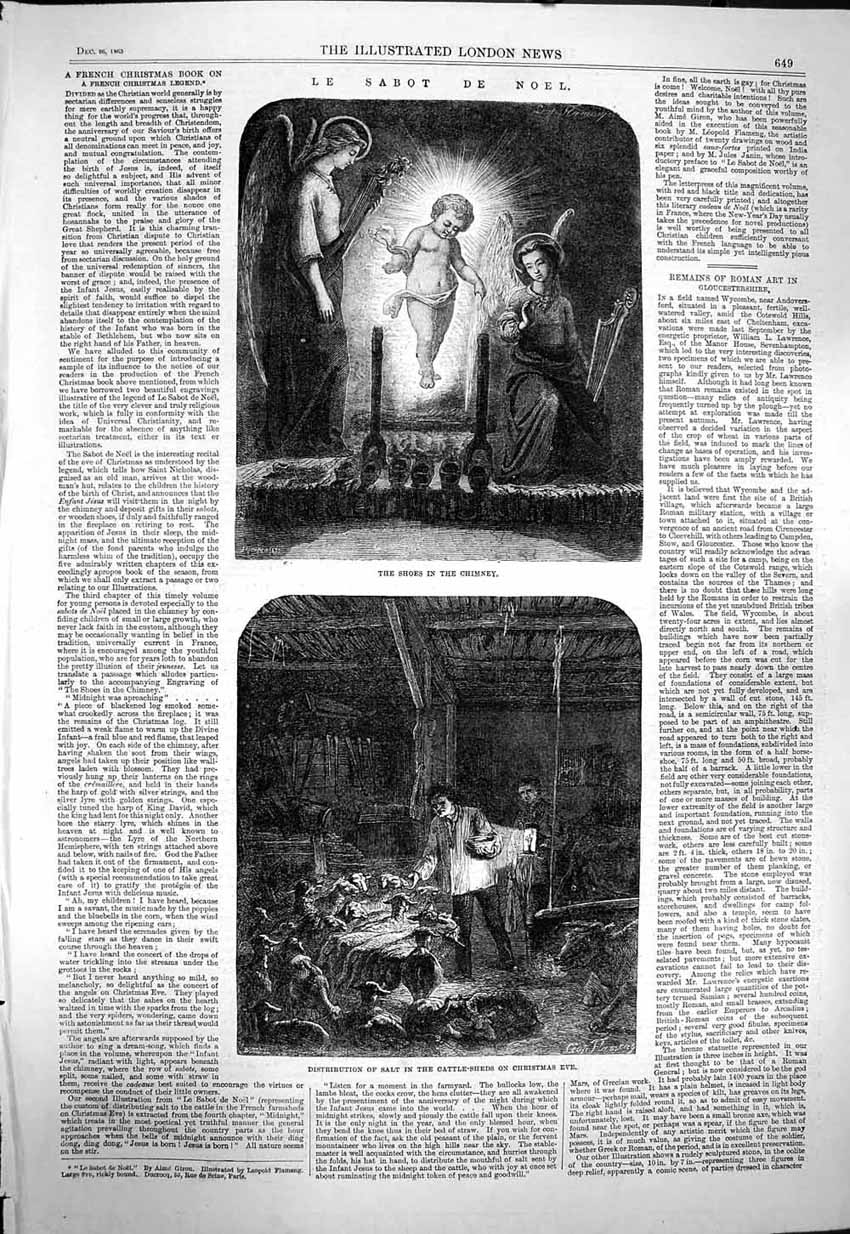 Original Old Antique Print 1863 Sabot Noel Shoes Chimney Salt Cattle Sheds Farm