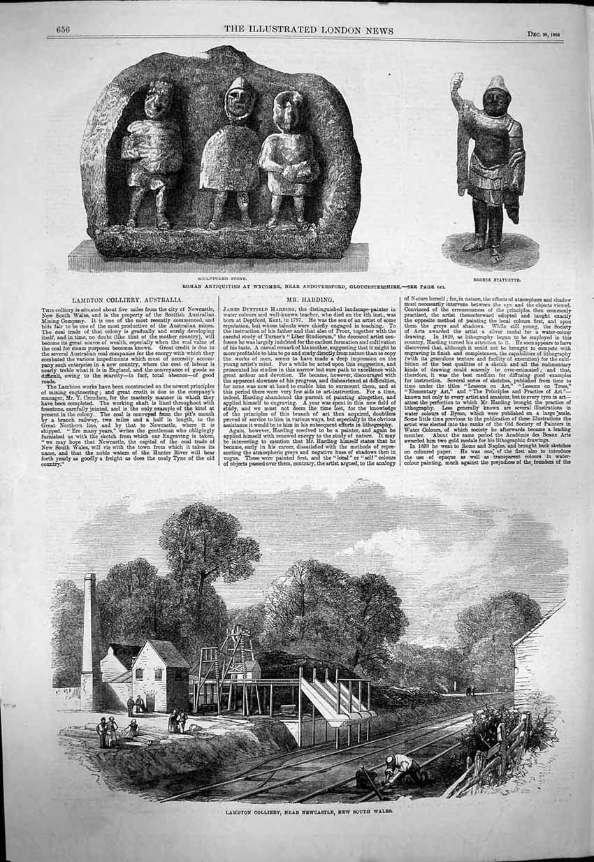 Original Old Antique Print 1863 Lambton Colliery Newcastle Mining Roman Wycombe