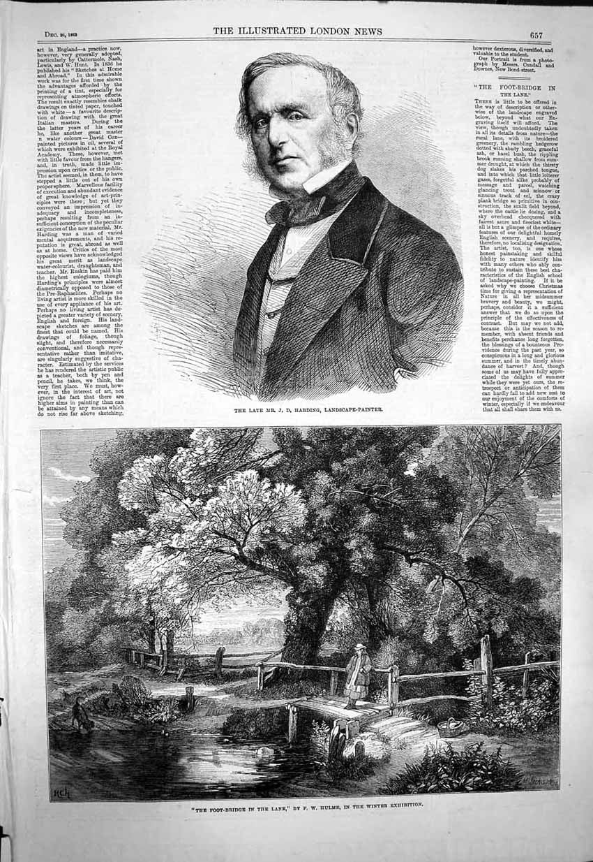 Old Antique Print 1863 Harding Landscape Painter Foot Bridge River Hulme 19th