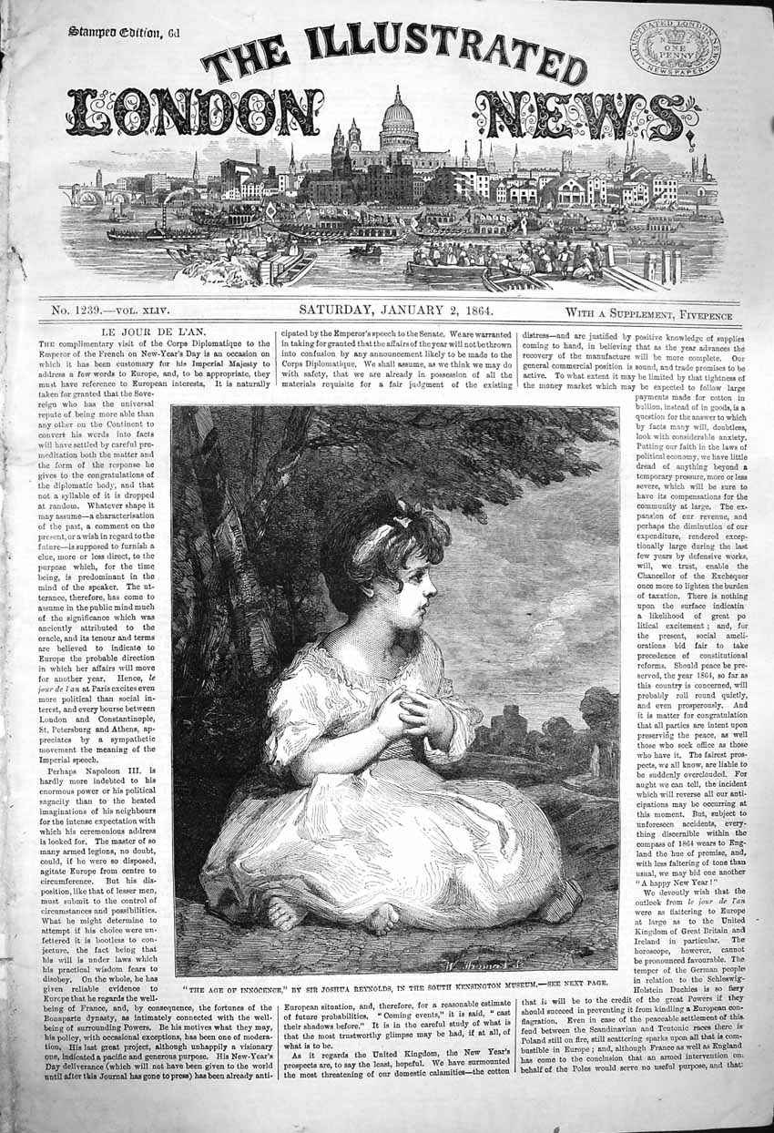 Original Old Antique Print 1864 Age Innocence Young Girl Joshua Reyns Art 19th