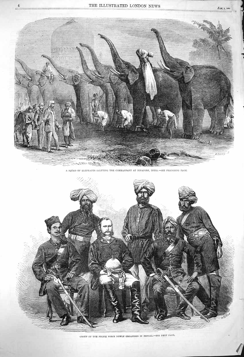 Original Old Antique Print 1864 Elephants Saluting Dinapore India Police 19th
