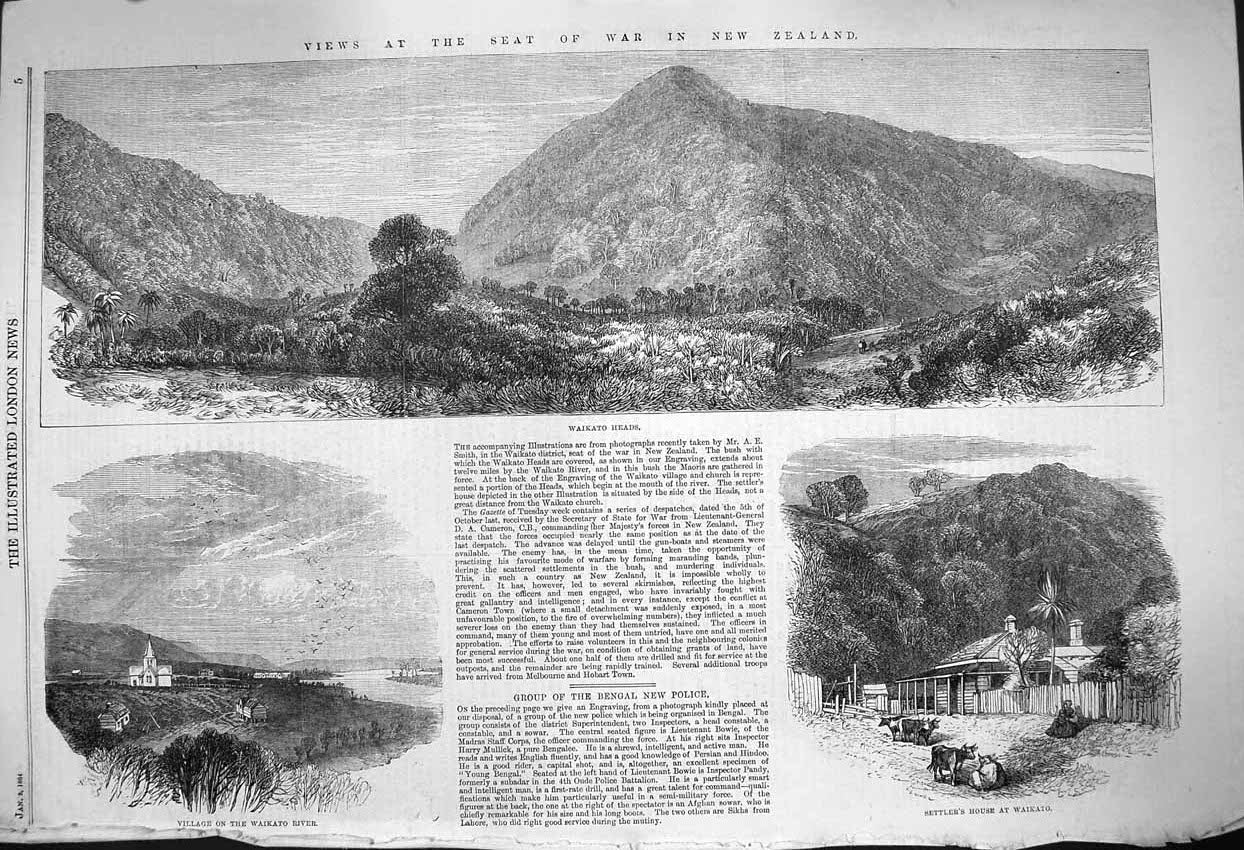 Original Old Antique Print 1864 Waikato Heads Mountains Zealand Settler'S House