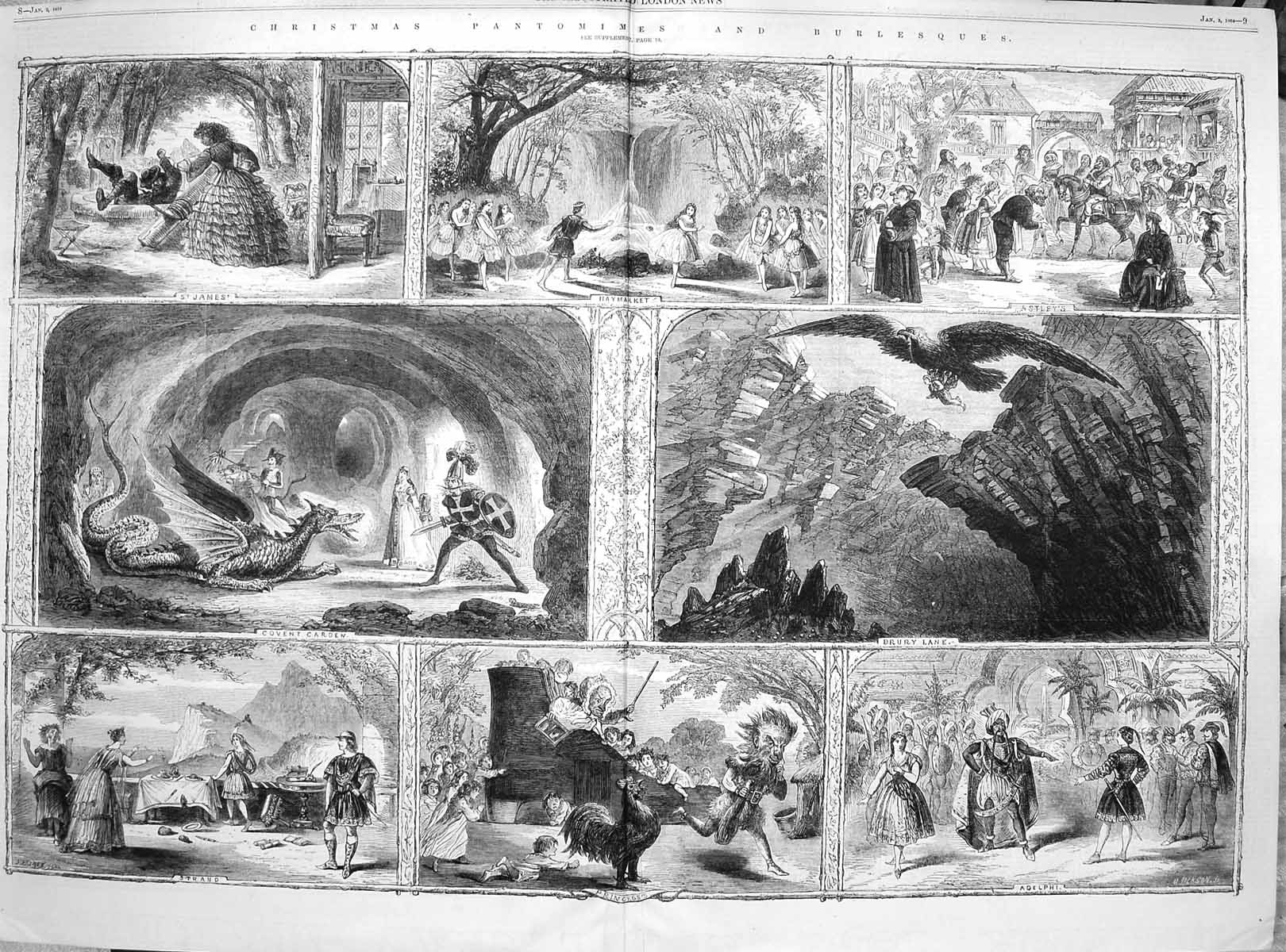 Original Old Antique Print 1864 Chiristmas Pantomimes Burlesque Theatre Drury 0