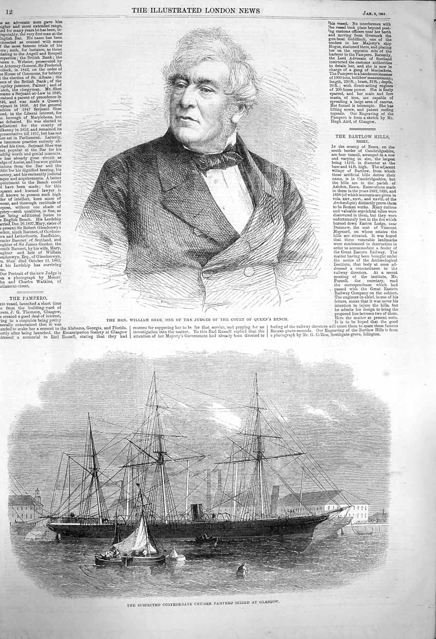 Old Antique Print 1864 William Shee Judge Queen'S Bench Cruiser Pampero 19th