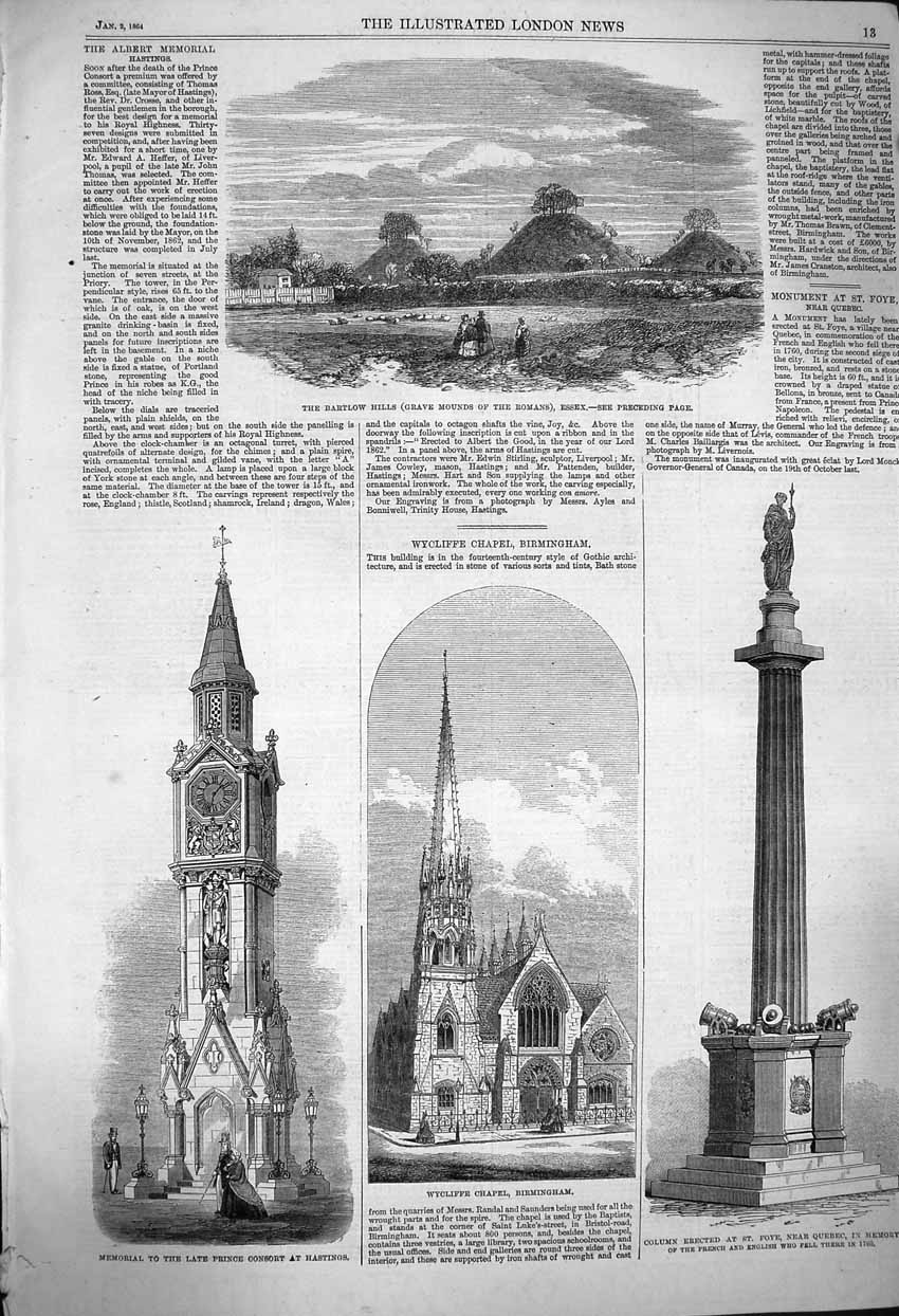 Old Antique Print 1864 Bartlow Hills Essex Hastings Wycliffe Birmingham 19th