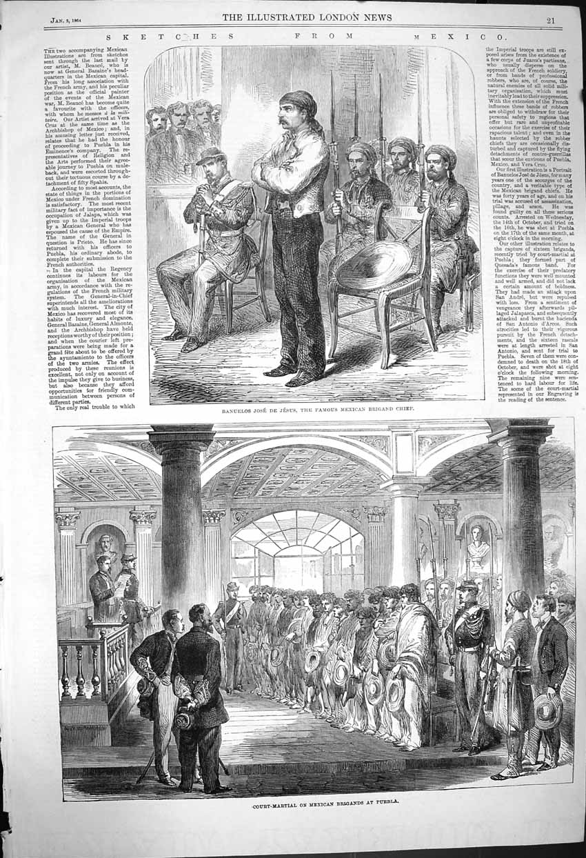Original Old Antique Print 1864 Mexico Banuelos Jesus Mexican Brigand Puebla