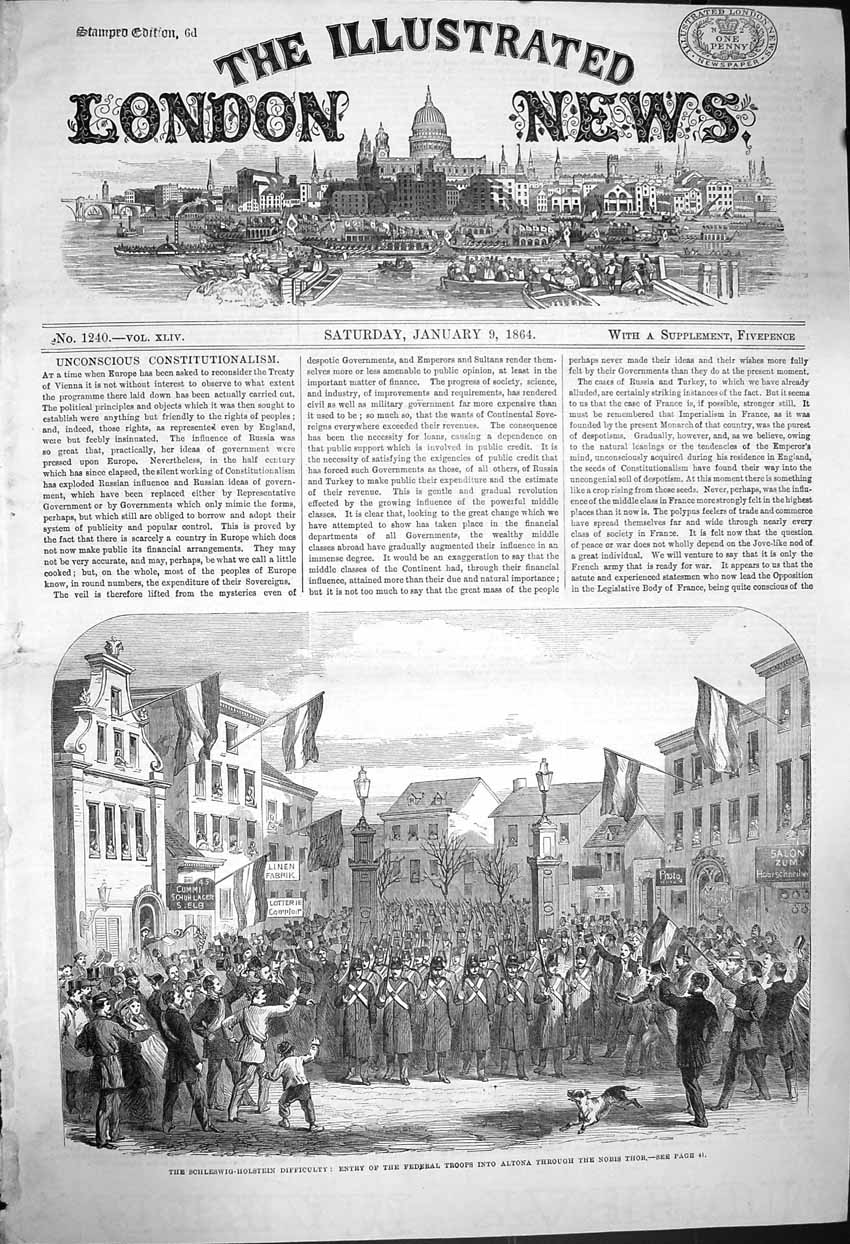 Original Old Antique Print 1864 Schleswig-Holstein Federal Siers Altona Thor