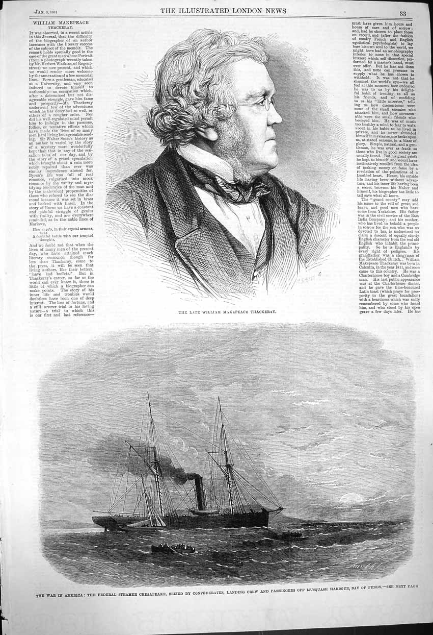 Old Antique Print 1864 William Makepeace Thackeray War America Chesapeake 19th