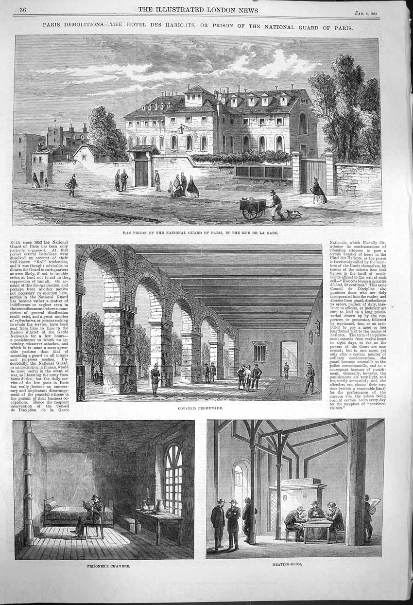 Old Antique Print 1864 Prison National Guard Paris Rue Del La Gare France 19th