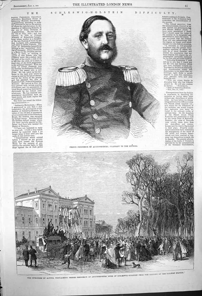 Old Antique Print 1864 Prince Frederick Augustenburg Schleswig-Holstein 19th