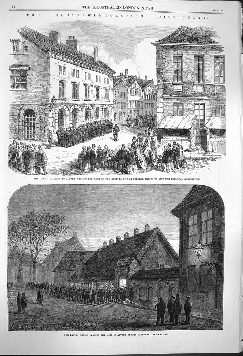 Original Old Antique Print 1864 Danish Siers Mint Altona Schleswig-H Victorian