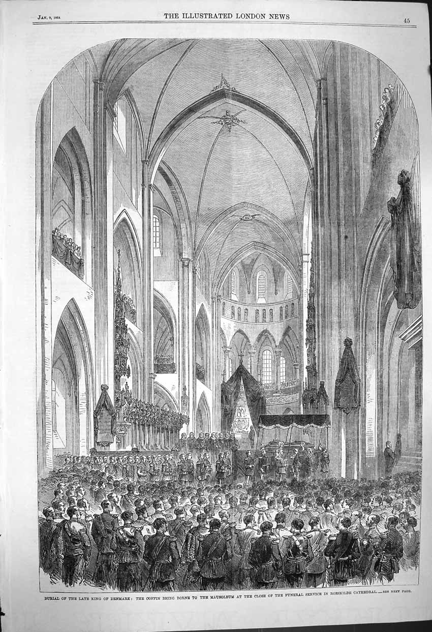 Old Antique Print 1864 Burial King Denmark Mausoleum Roeskilde Cathedral 19th