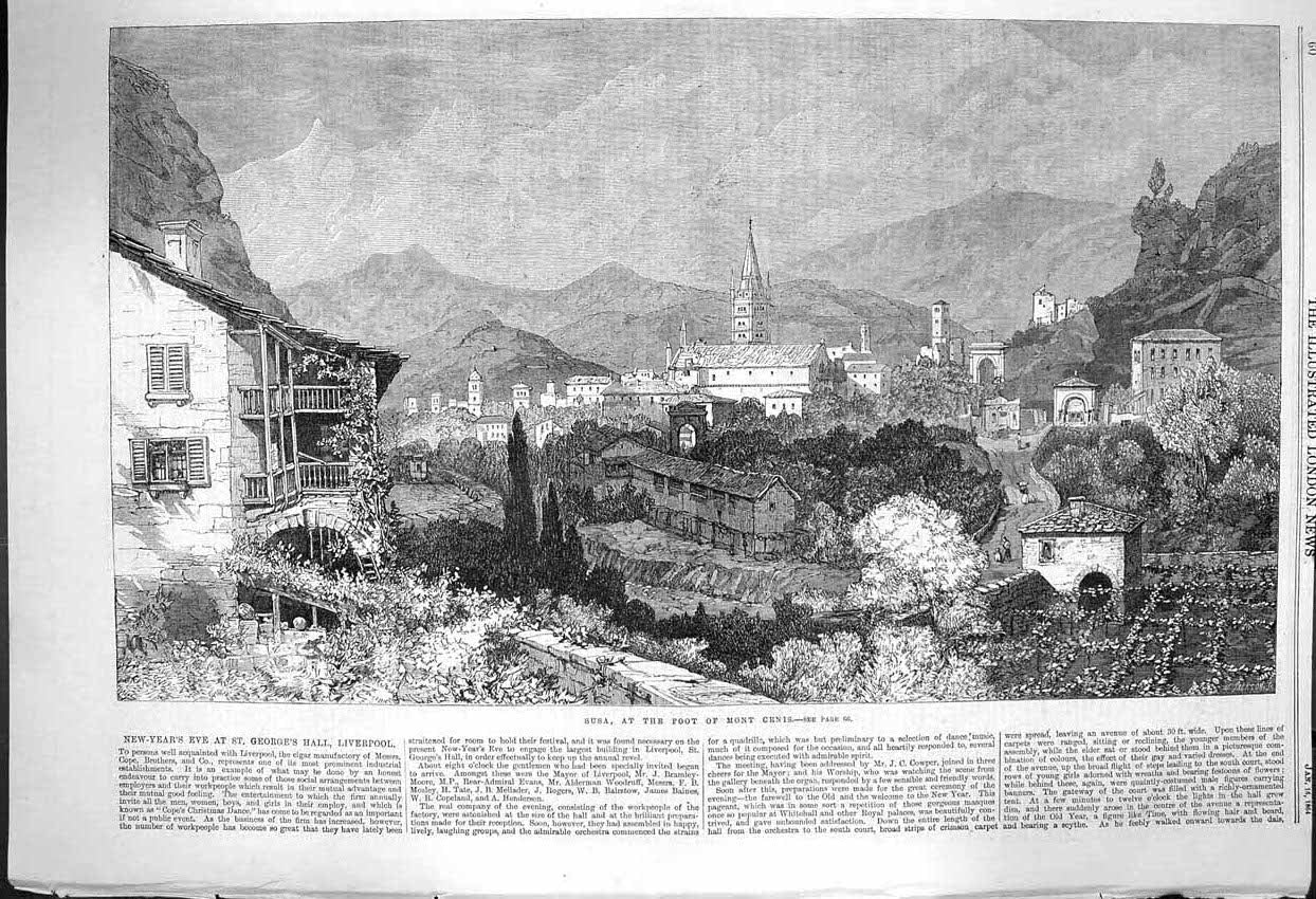 Original Old Antique Print 1864 View Susa Mont Cenis Mountains Houses Victorian