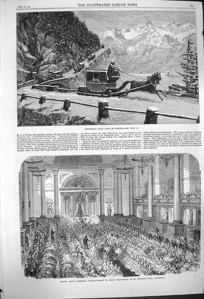 Old Antique Print 1864 Mont Cenis Mountains Horse Sledge Cope Liverpool 19th