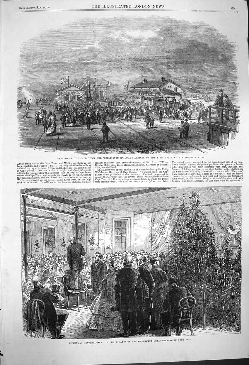 Old Antique Print 1864 Cape Town Wellington Railway Train Greenwich House 19th