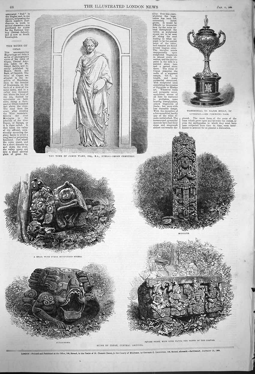 Old Antique Print 1864 Tomb James Ward Copan America Altar Stone Monolith 19th
