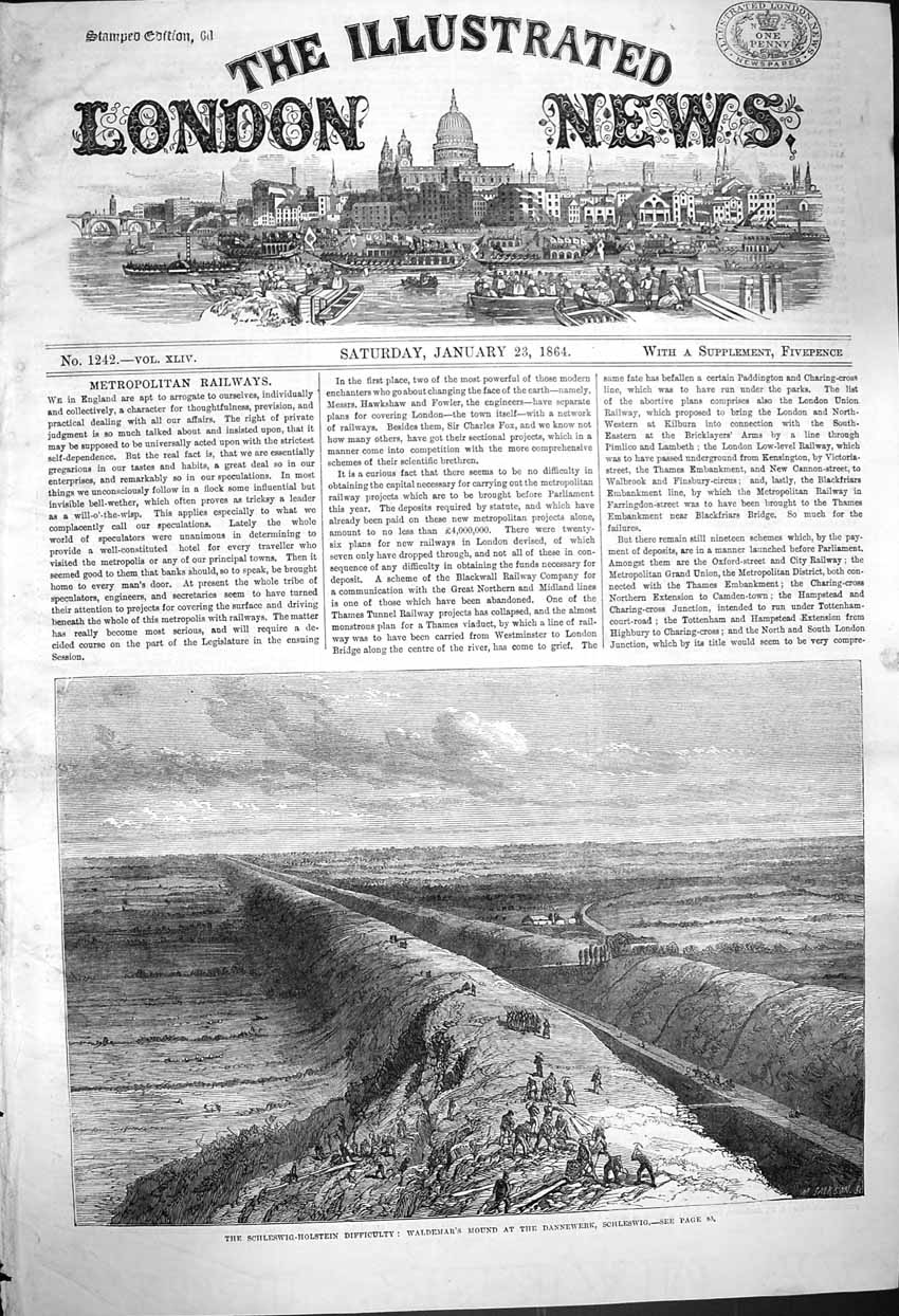 Original Old Antique Print 1864 Schleswig-Holstein Waldemar Mound Dannewerk