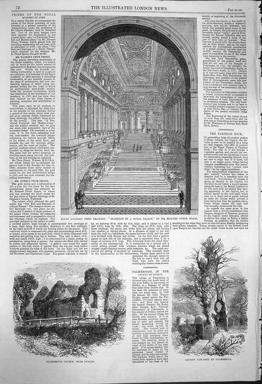 Old Antique Print 1864 Staircase Palace Palmerston Church Dublin Ireland 19th