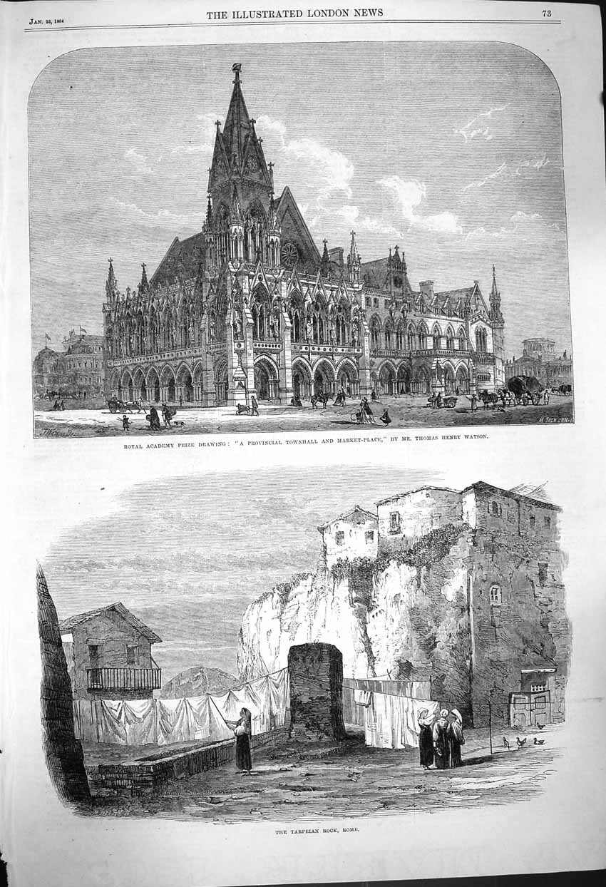 Original Old Antique Print 1864 Tarpeian Rock Rome Henry Watson Architecture