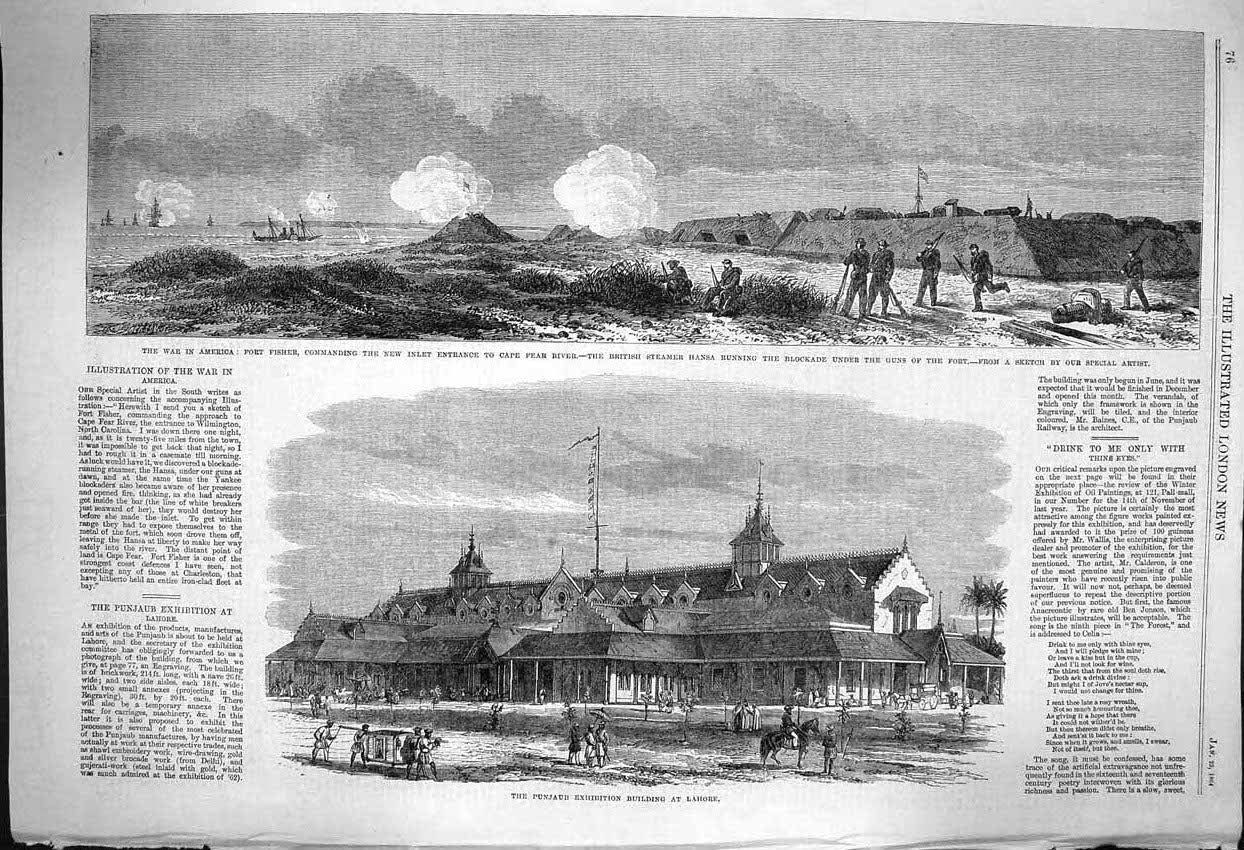 Old Antique Print 1864 War America Fort Fisher Cape Fear Punjaub Lahore 19th