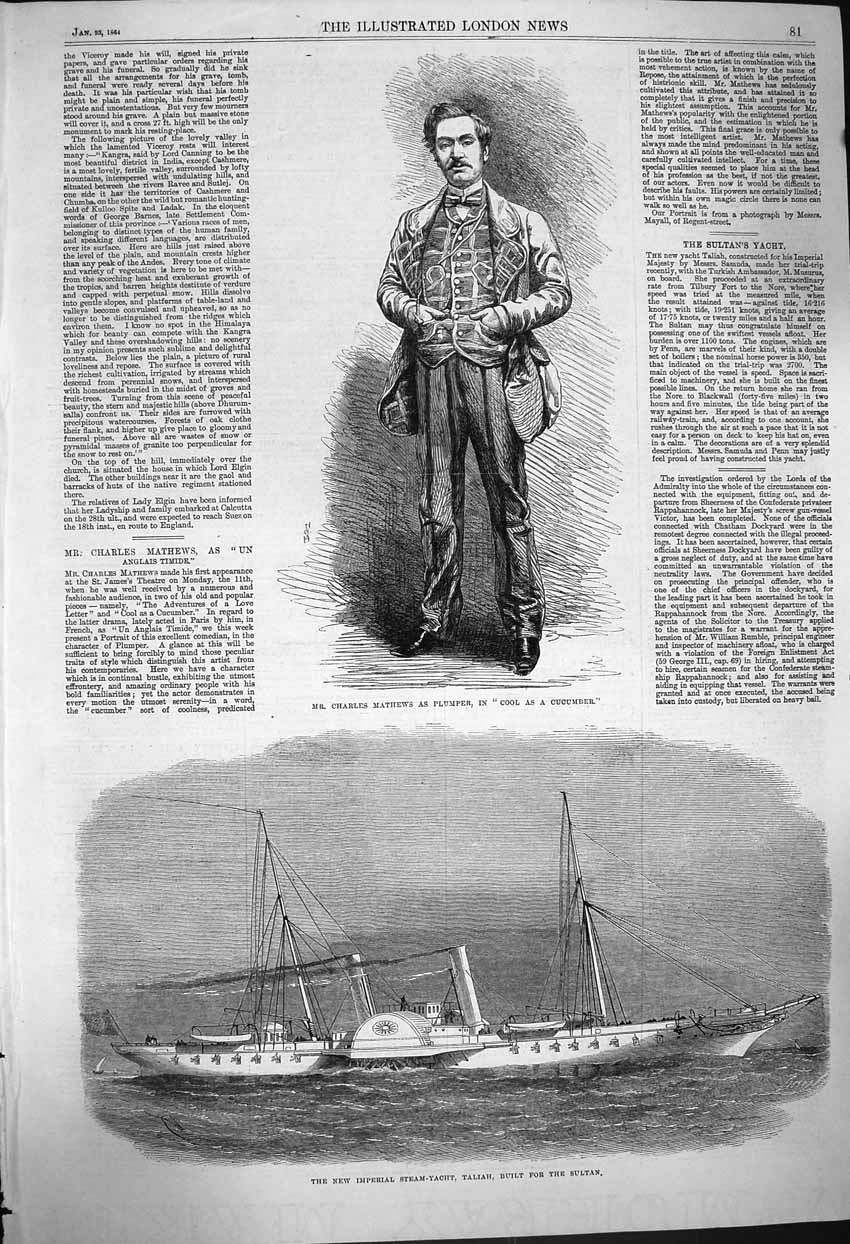 Old Antique Print 1864 Charles Mathews Theatre Steam-Yacht Taliah Sultan 19th
