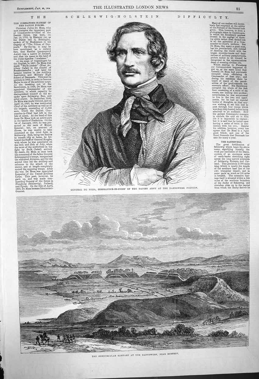 Original Old Antique Print 1864 General Meza Danish Army Dannewerk Bustrup 19th