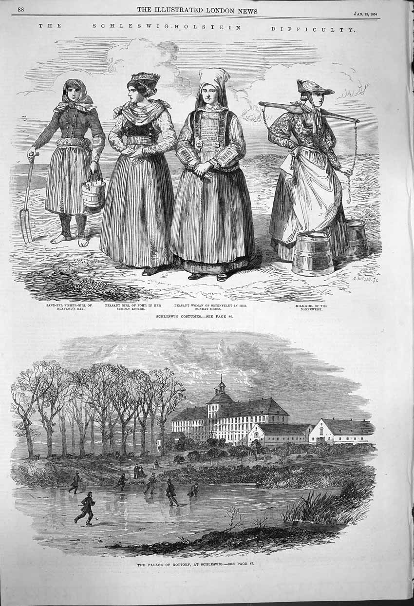 Original Old Antique Print 1864 Schleswig-Holstein Girls Cotumes Palace Gottorf