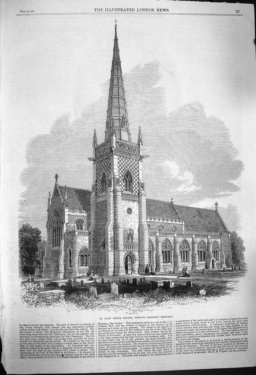 Old Antique Print 1864 St. Mary Tower Church Ipswich Architecture England 19th