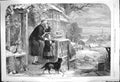 Original Old Antique Print 1864 Winter Scene Man Children Family Home Dog Hunt