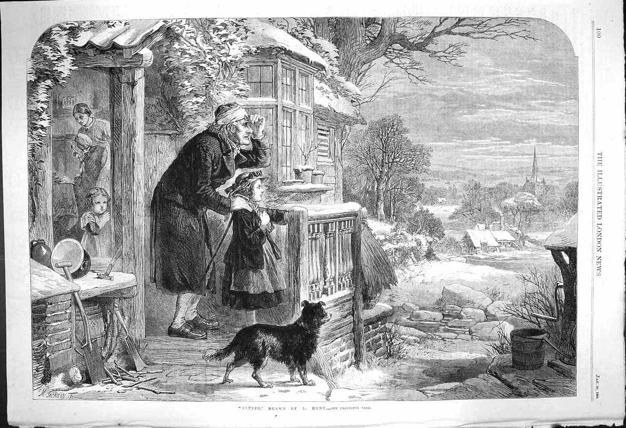 Original Old Antique Print 1864 Winter Scene Man Children Family Home Dog Hunt