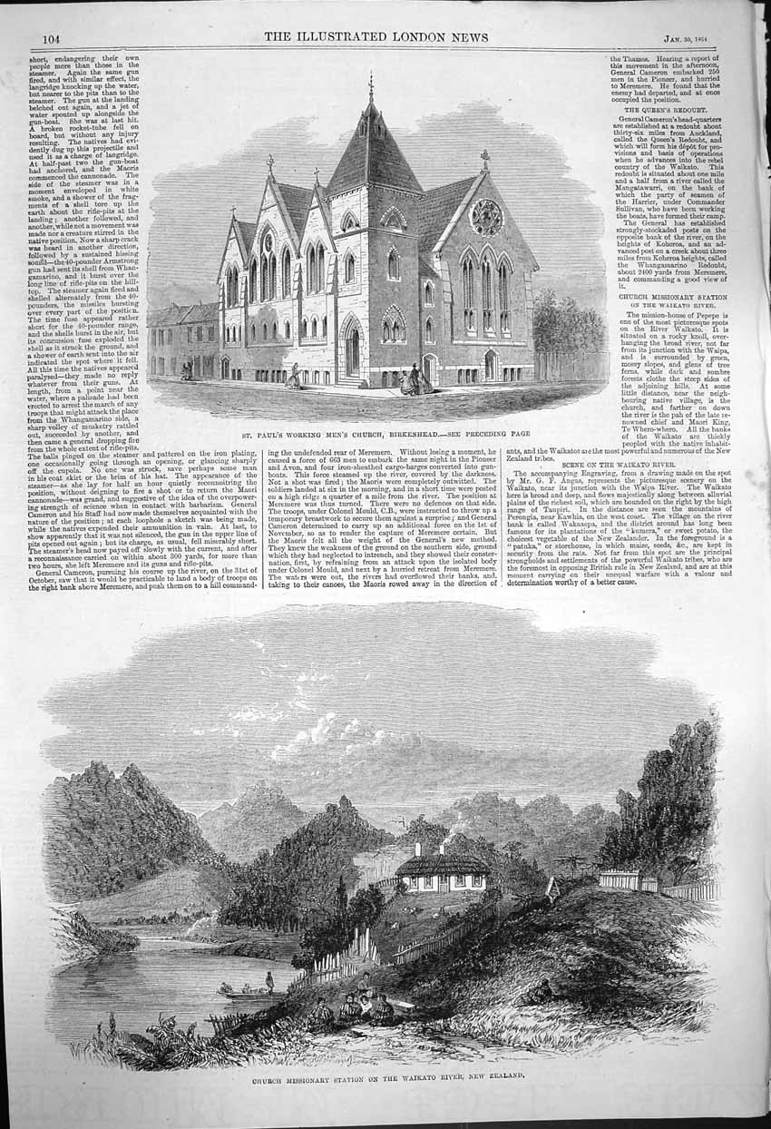 Old Antique Print 1864 Paul'S Men'S Church Birkenhead Waikato New Zealand 19th