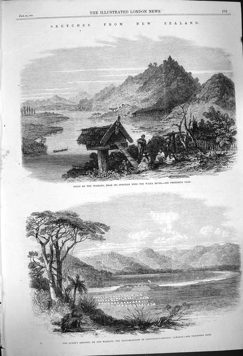 Original Old Antique Print 1864 New Zealand Waikato River Waipa River Cameron