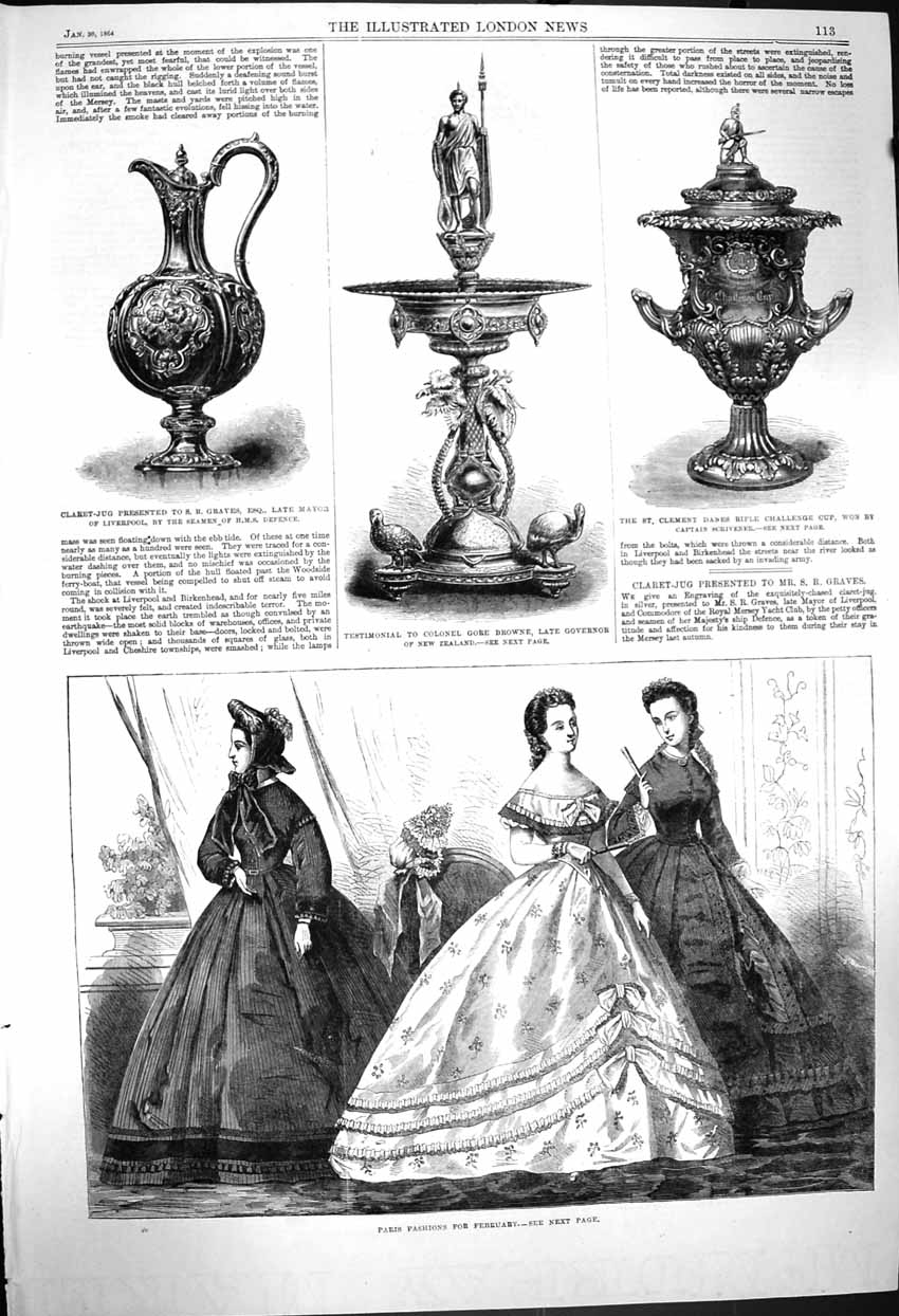 Old Antique Print 1864 Paris Fashion Jug Graves Testimonial Gore Browne 19th