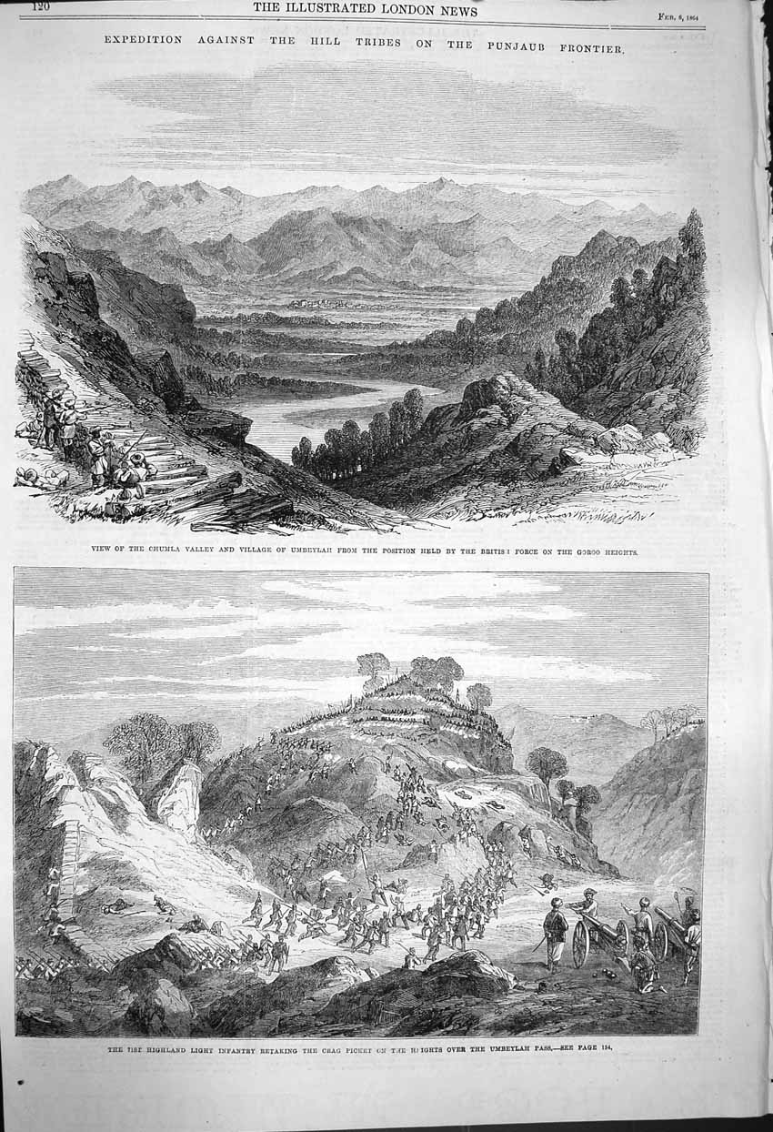 Original Old Antique Print 1864 Chumla Umbeylah Mountains Crag Picket Punjaub