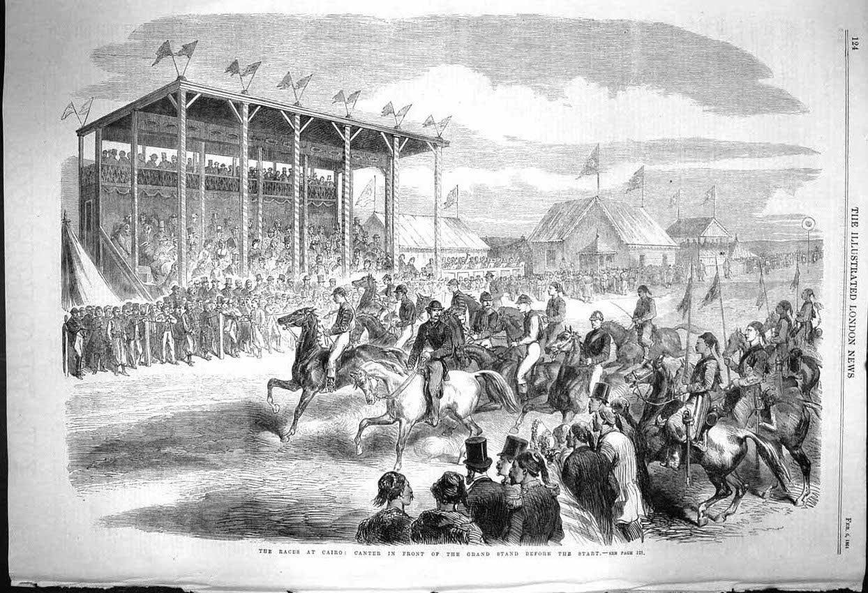 Original Old Antique Print 1864 Horse Racing Cairo Grand Stand Jockeys Sport