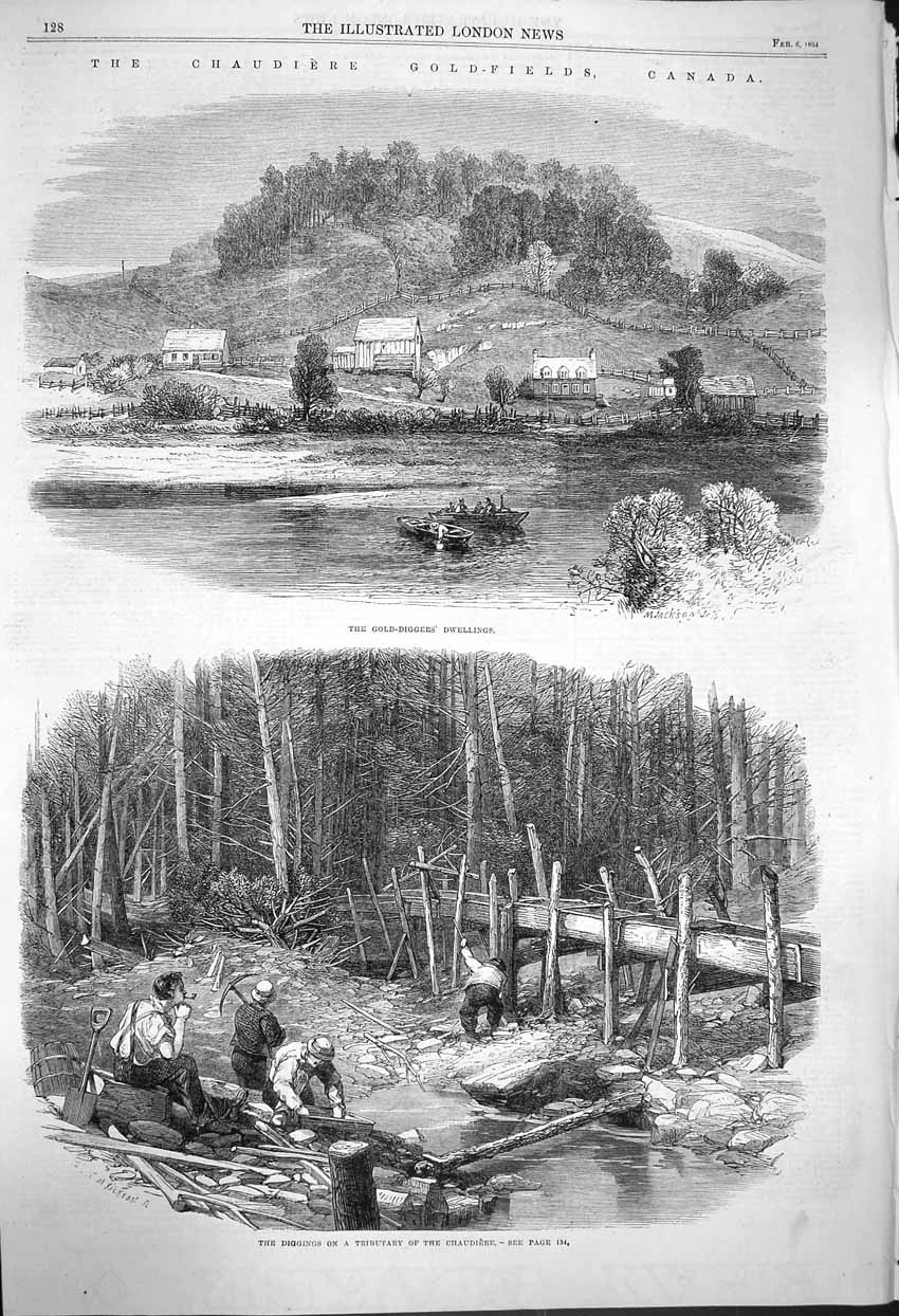 Original Old Antique Print 1864 Chaudiere G-Fields Canada Mining River 19th