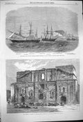 Old Antique Print 1864 Pekin Ship China Bluff Rock Santiago Chili Church 19th