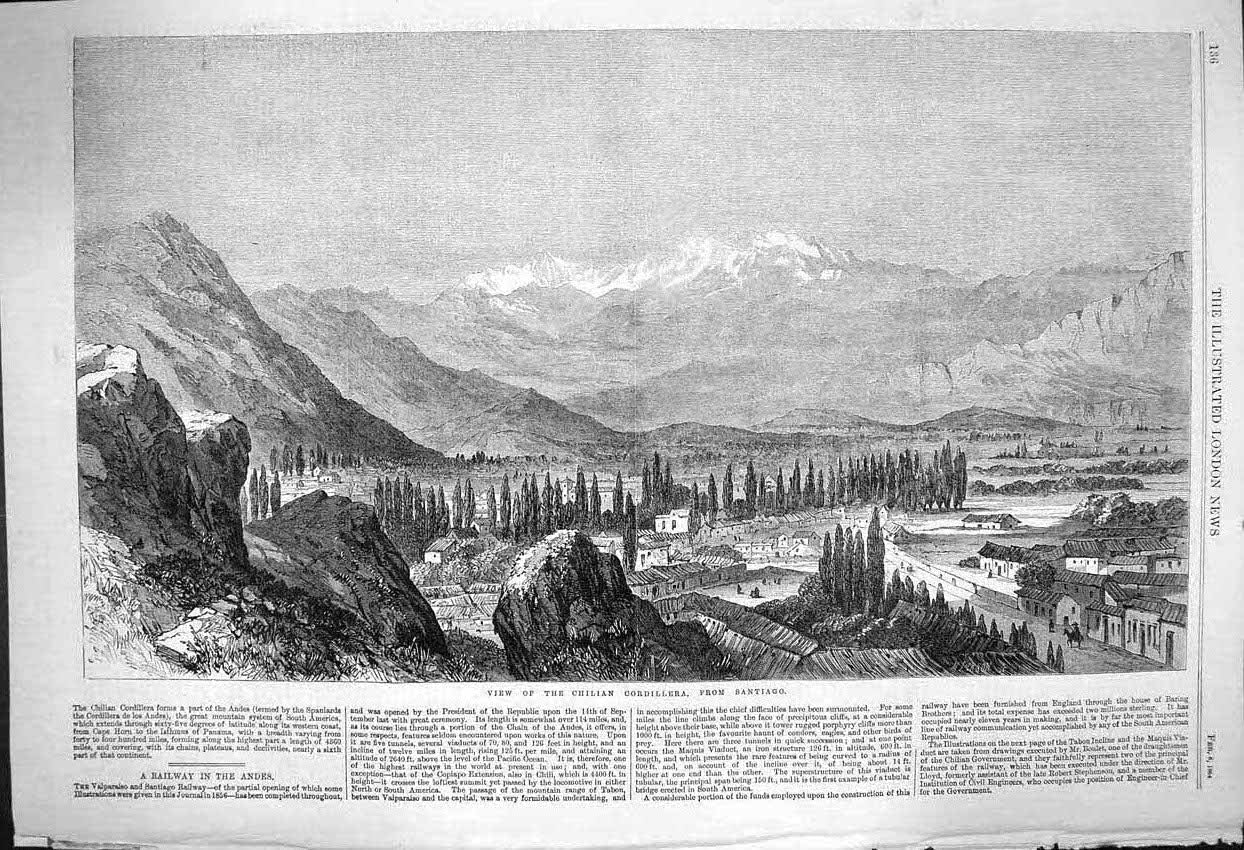 Old Antique Print 1864 View Chilian Cordillera Santiago Mountains Andes 19th