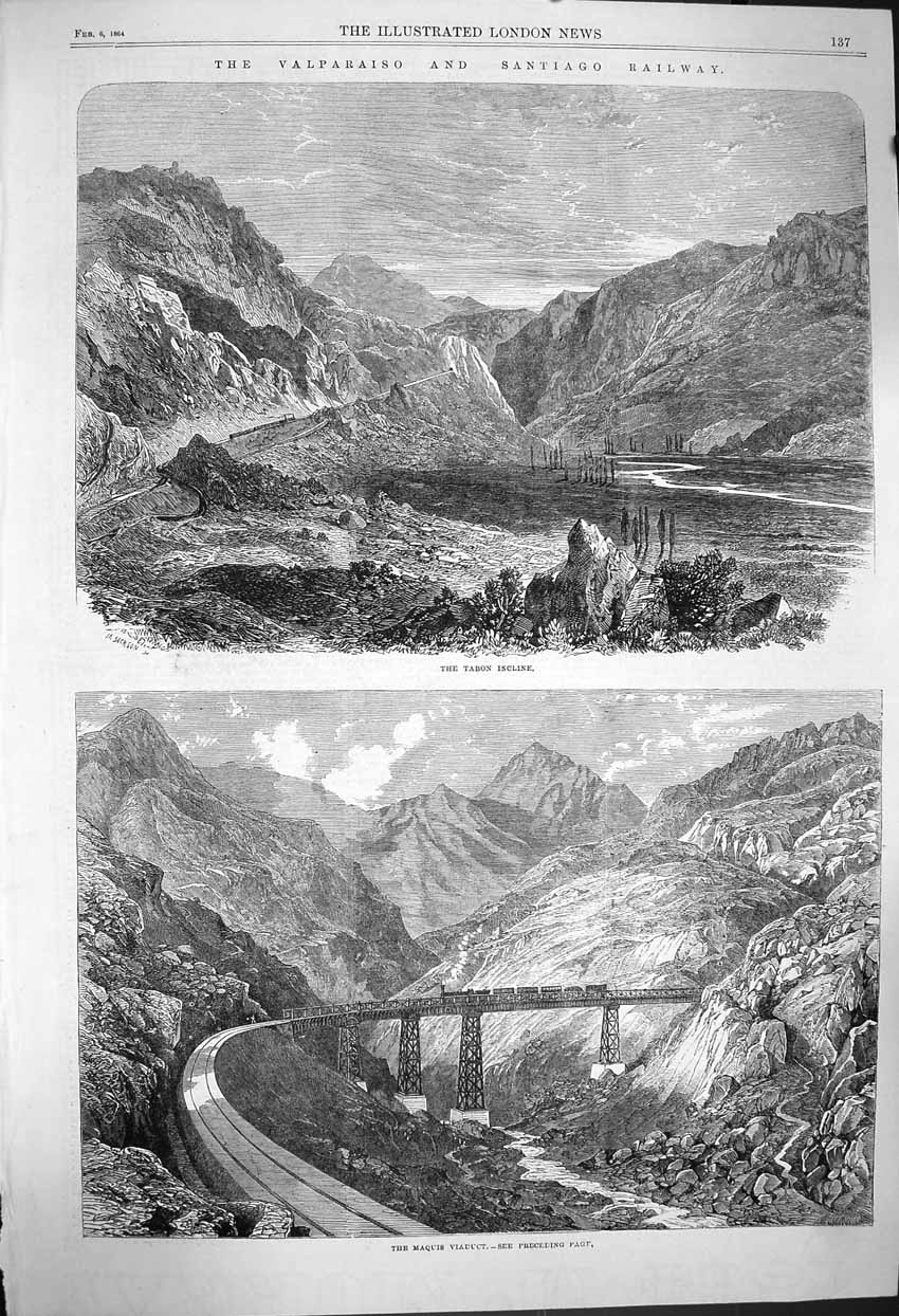 Old Antique Print 1864 Tabon Valparaiso Santiago Railway Maquis Viaduct 19th