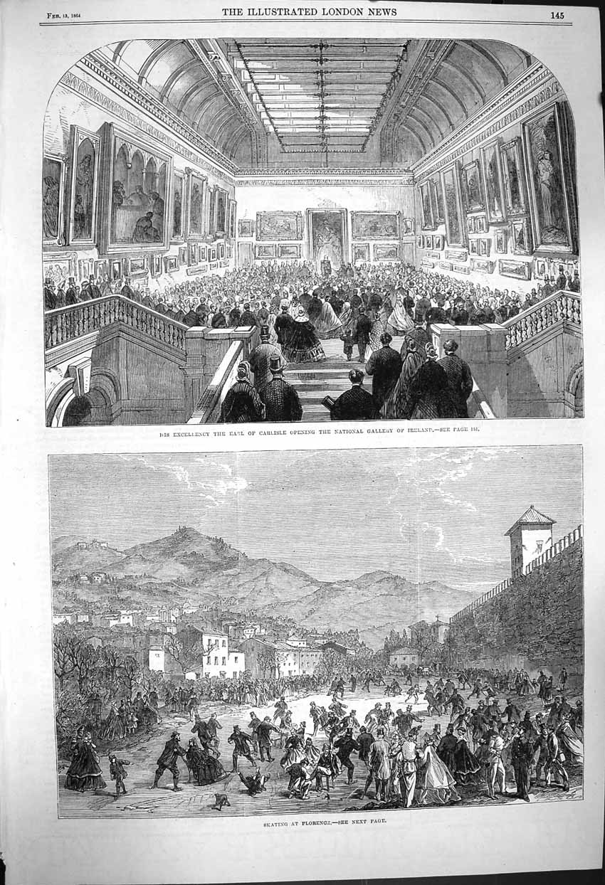 Old Antique Print 1864 Earl Carlisle Gallery Ireland Florence Ice Skating 19th