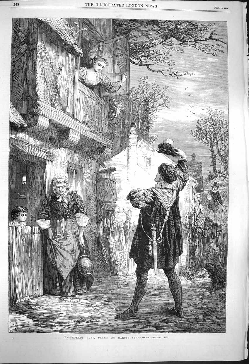 Original Old Antique Print 1864 Valentines Day Romance Letters Marcu Victorian