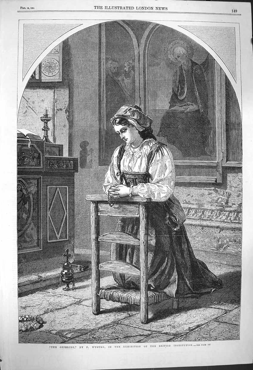 Original Old Antique Print 1864 The Offering Lady Church Wyburd Fine Art 19th