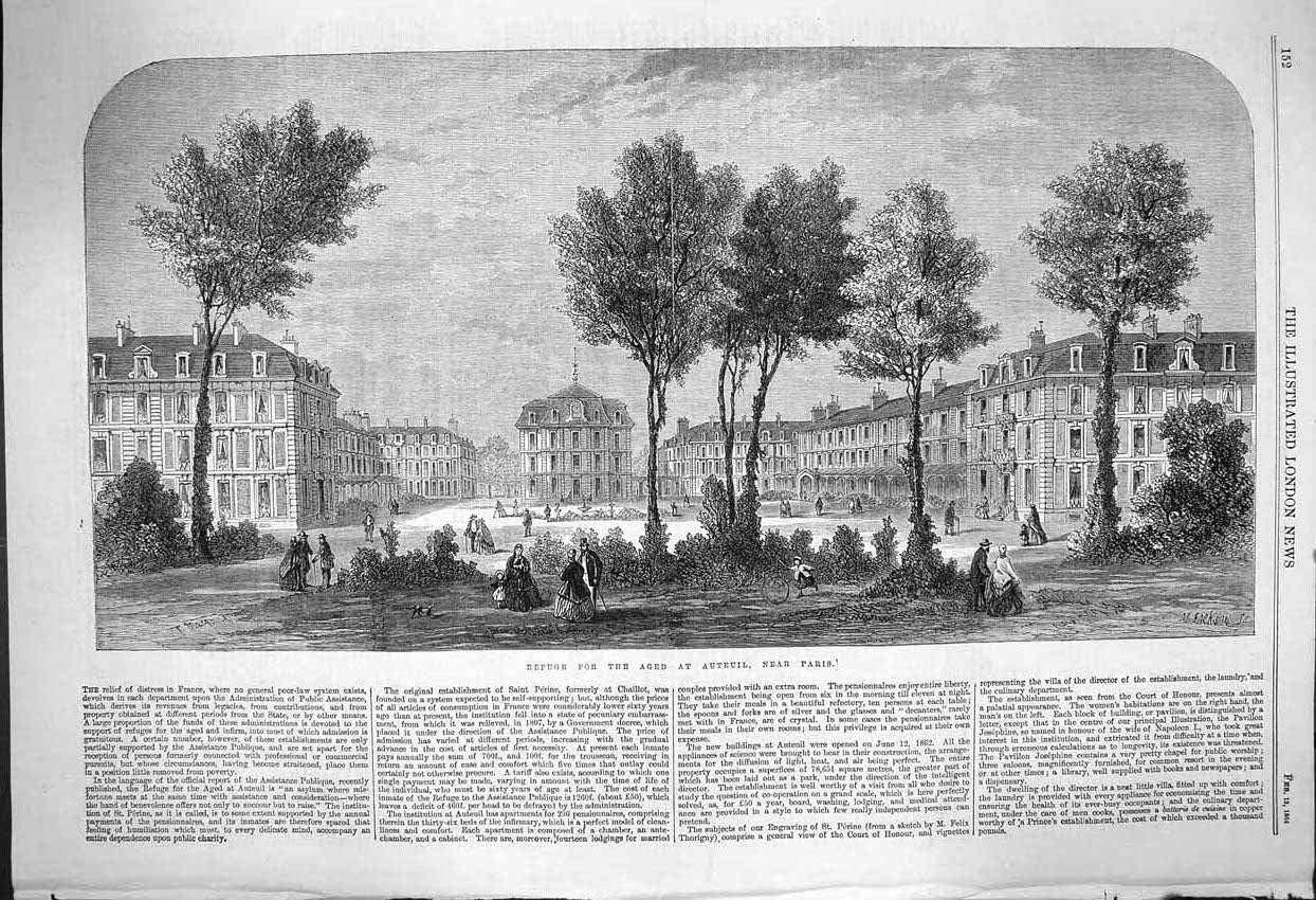 Original Old Antique Print 1864 Refuge Aged Auteuil Paris France Architecture