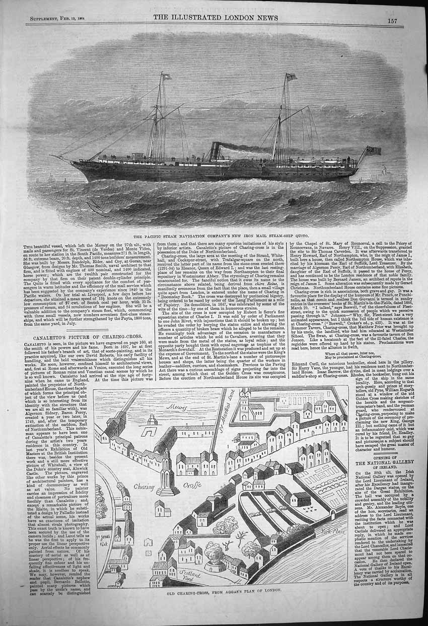 Old Antique Print 1864 Charing Cross Aggas London Mail Steam Ship Quito 19th