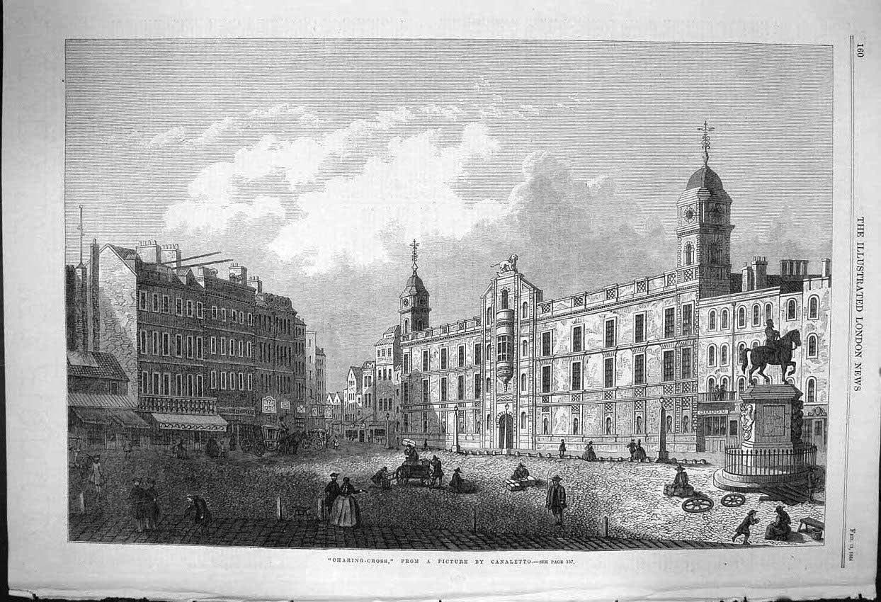 Original Old Antique Print 1864 Charing Cross Railway Station Buildings London
