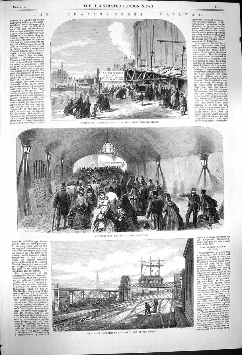 Original Old Antique Print 1864 Charing Cross Railway Station Villiers Tr 19th