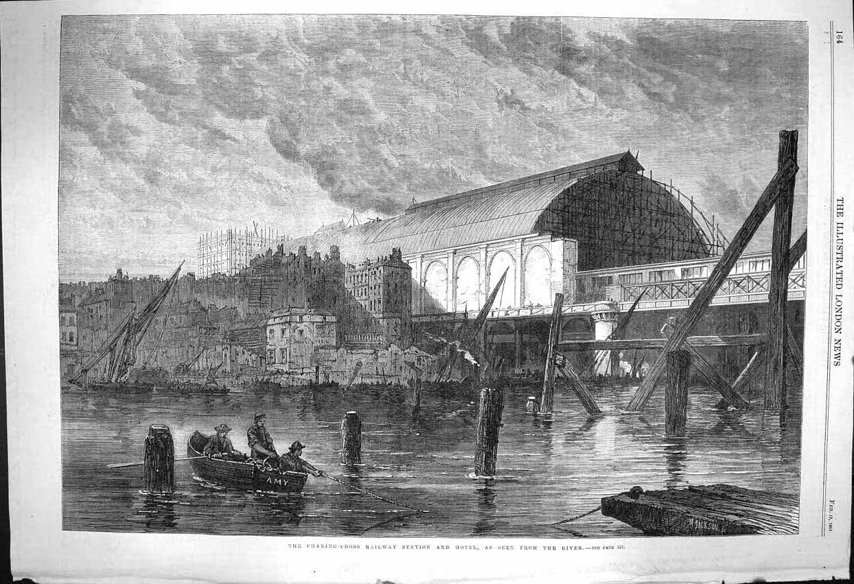Original Old Antique Print 1864 Charing-Cross Railway Station Hotel River Boat