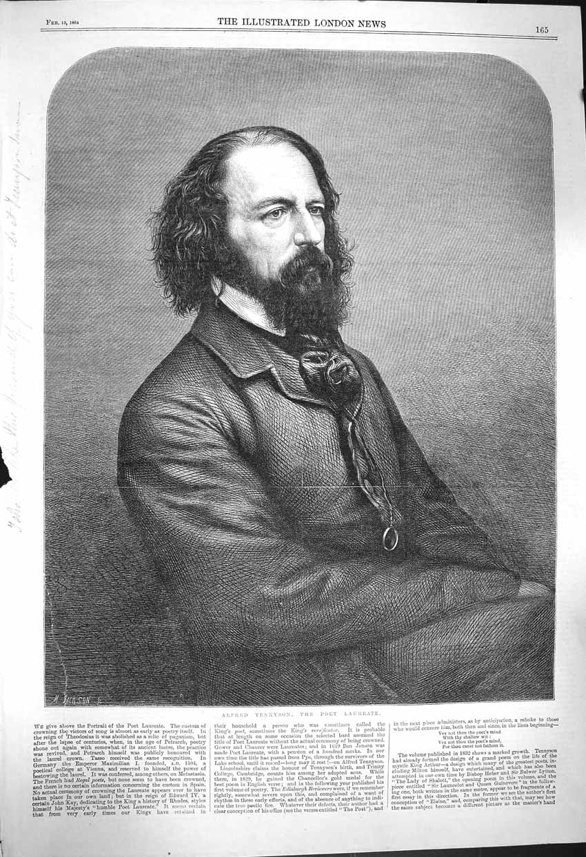 Original Old Antique Print 1864 Portrait Alfred Tennyson Poet L 19th