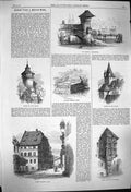Original Old Antique Print 1864 Nuremberg Albert Durer Tomb Tower Wallis Bridge